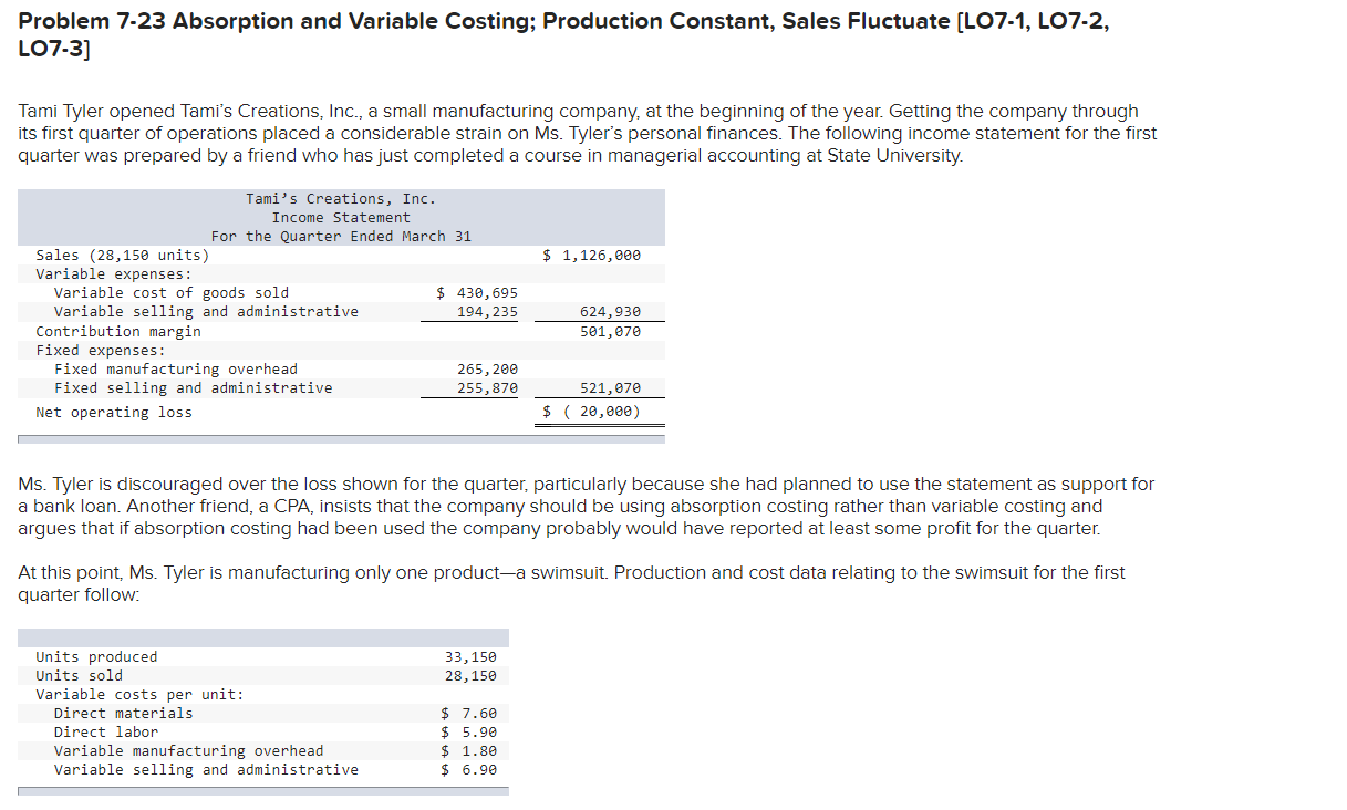 Problem 7-23 Absorption and Variable Costing; Production Constant, Sales Fluctuate (LO7-1,