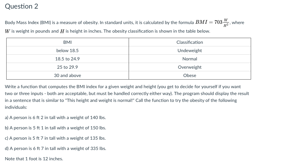 Need help doing this in MATLAB Question 2 Body Mass Index