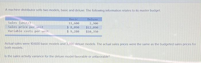  A machine distributor sells two models, basic and deluxe. The following