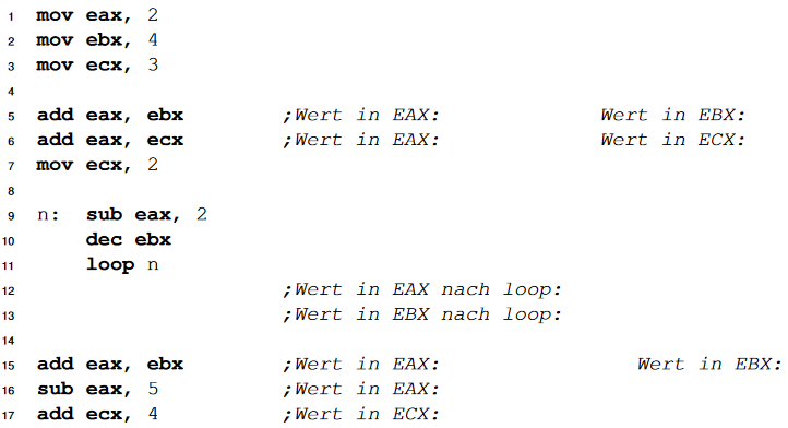 Assembler Observe the following Assembler-Program and indicate which values are in which