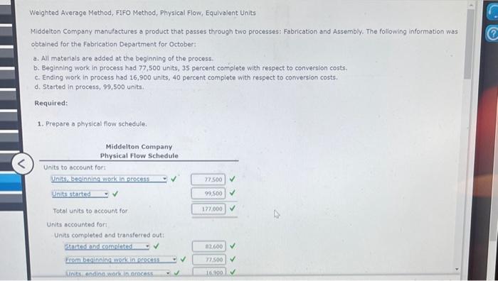  Weighted Average Method, FIFO Method, Physical Flow, Equivalent Units Middeiton Company
