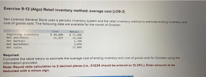  Exercise 9-13 (Algo) Retail inventory method; average cost [LO9-3] San Lorenzo
