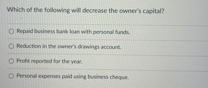  Which of the following will decrease the owner's capital? Repaid business