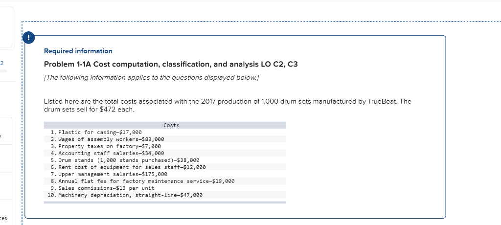  Required information Problem 1-1A Cost computation, classification, and analysis LO C2,