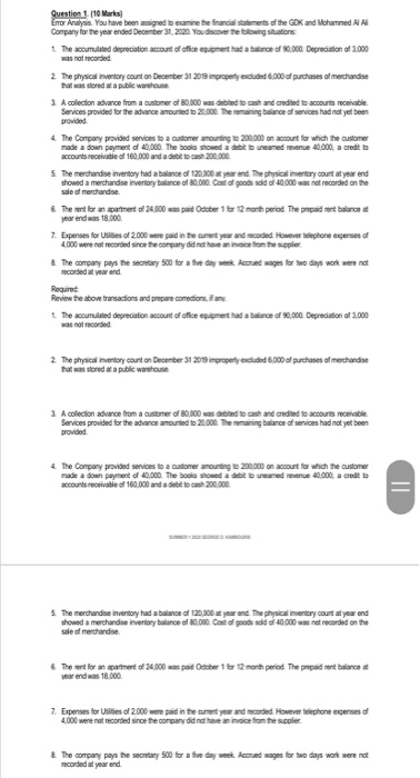  Error Analysis. You have been assigned to examine the financial statements