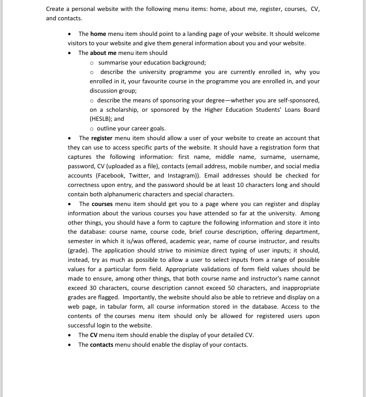  Create a personal website with the following menu items: home, about