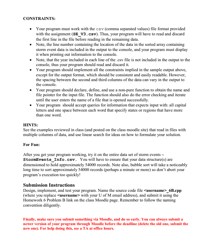C++ program that reads in storm data from a subset of the
