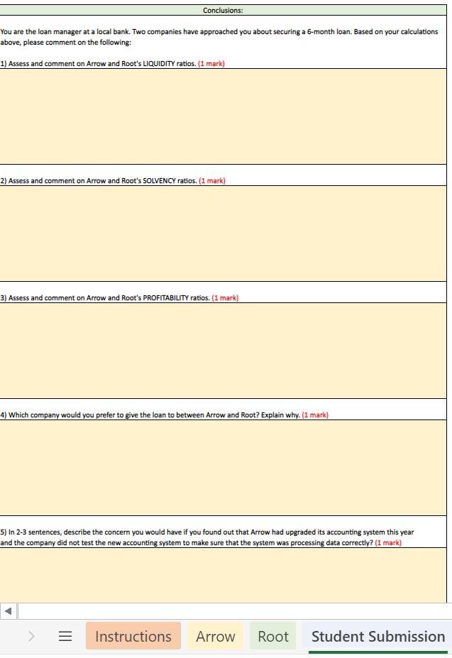 the respective financial statements for Arrow and Root. The "Student bmission" tab