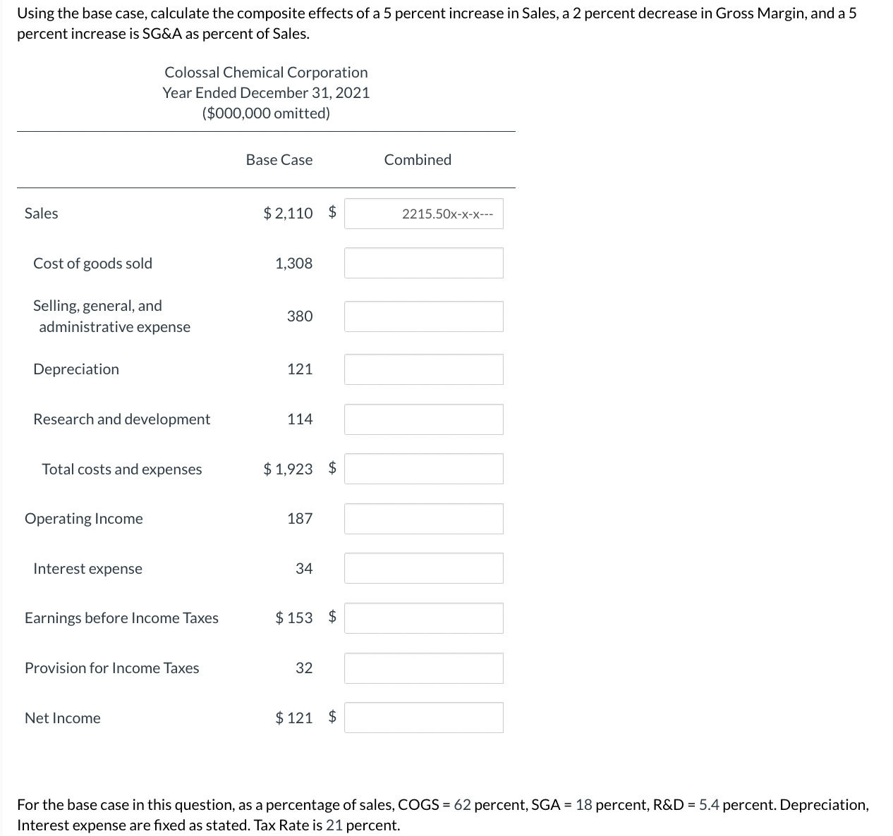 Using the base case, calculate the composite effects of a 5
