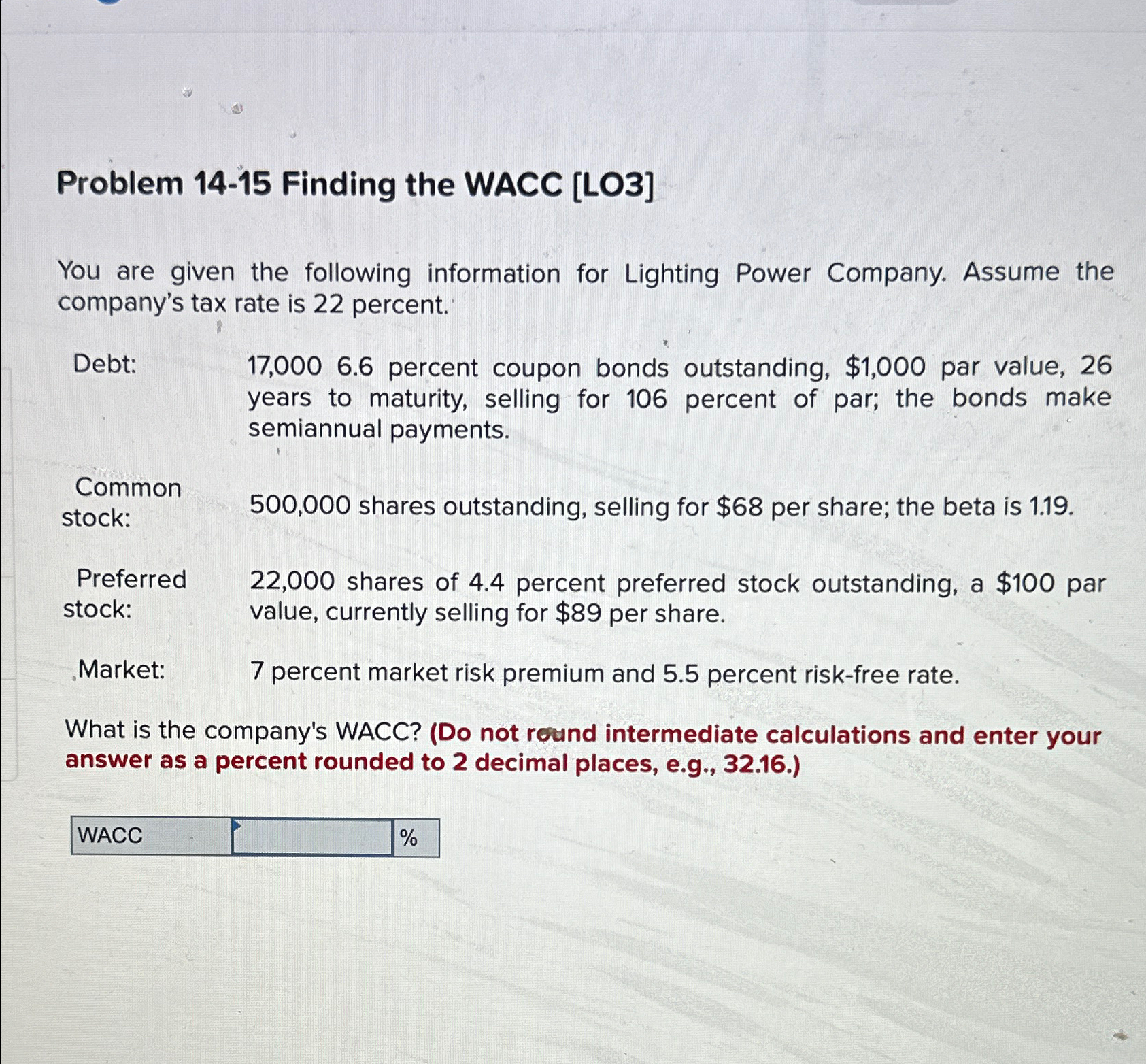  Problem 14-15 Finding the WACC [LO3] You are given the following
