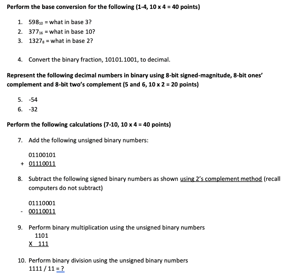 Perform the base conversion for the following (1-4, 10 x 4