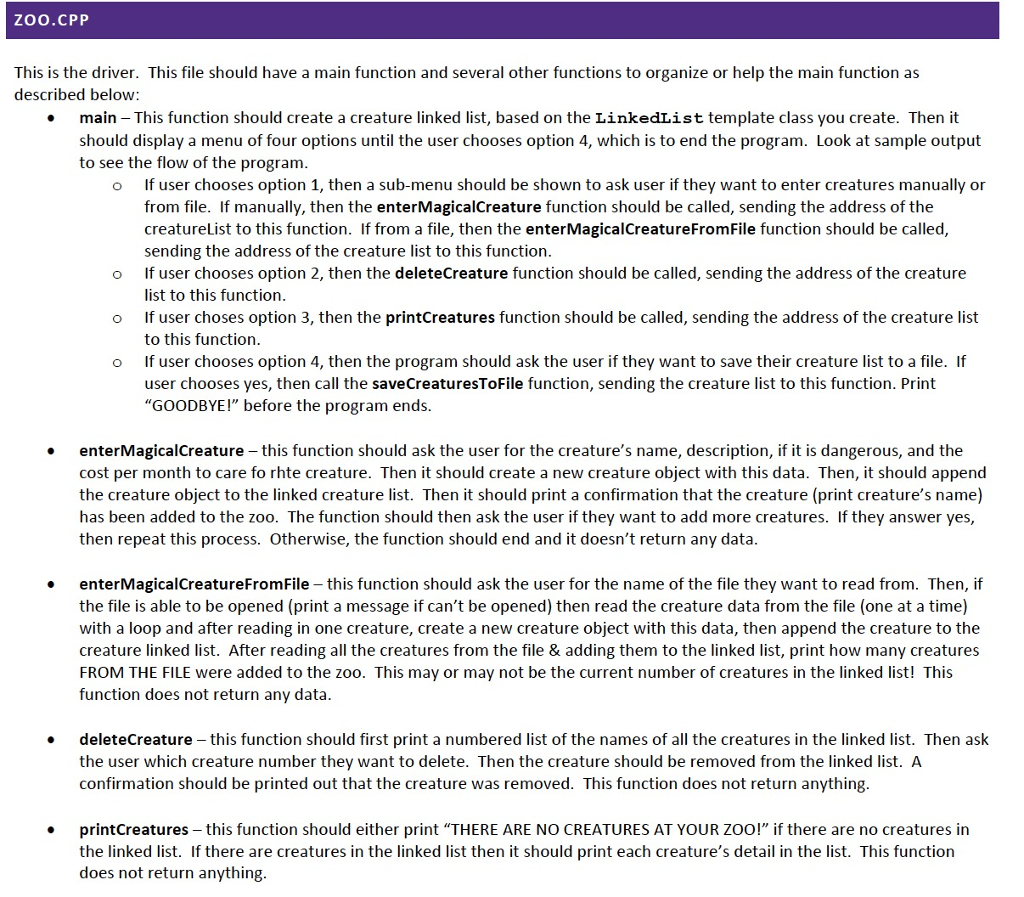 ZOO.CPP This is the driver. This file should have a main