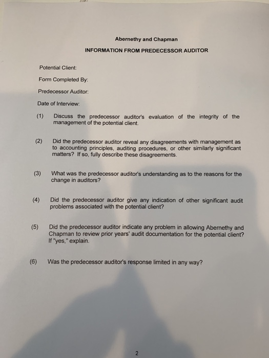  Abernethy and Chapman INFORMATION FROM PREDECESSOR AUDITOR Potential Client Form Completed