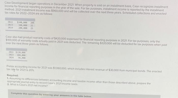  Case Development began operations in December 2021. When property is sold