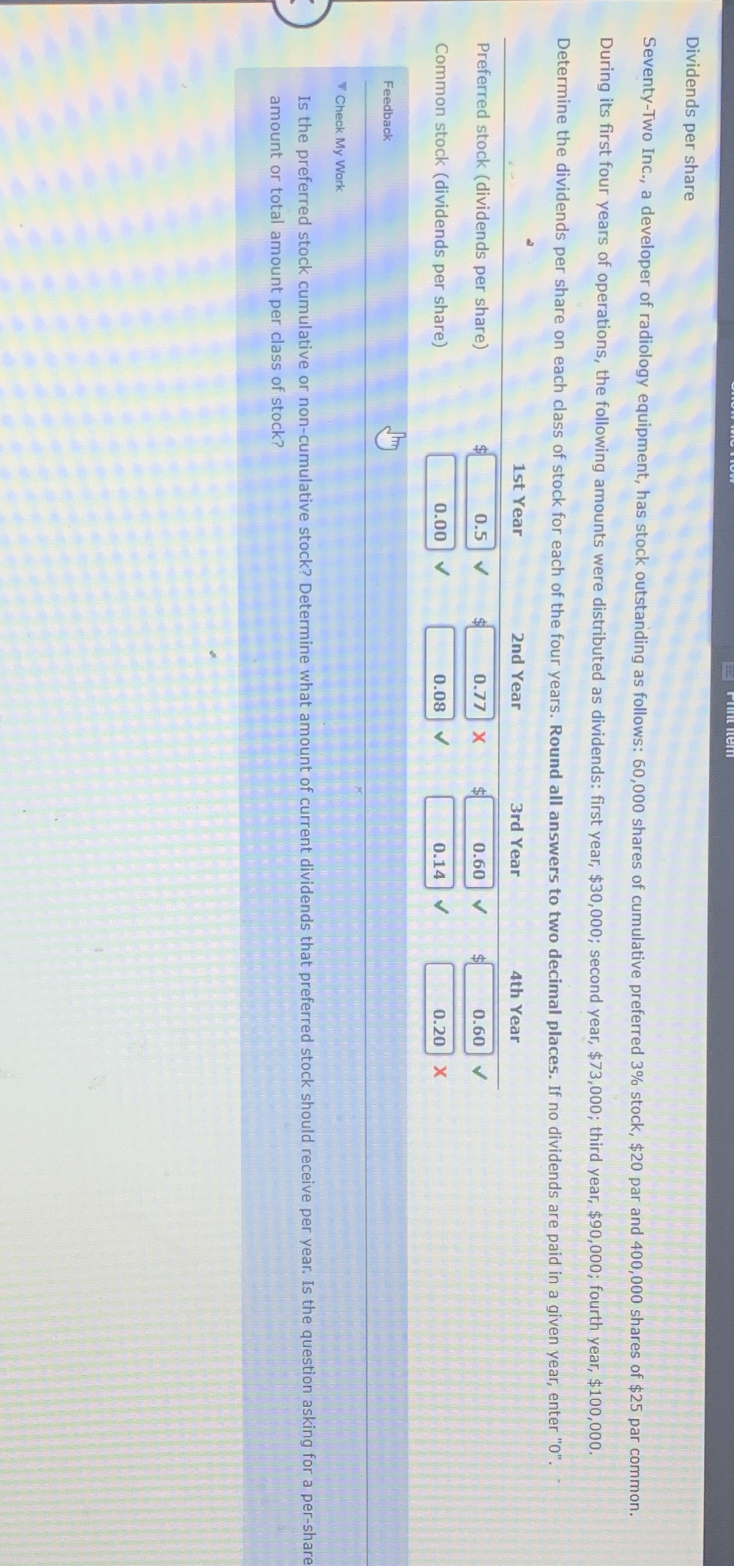  Dividends per share Feedback Check My Work amount or total amount