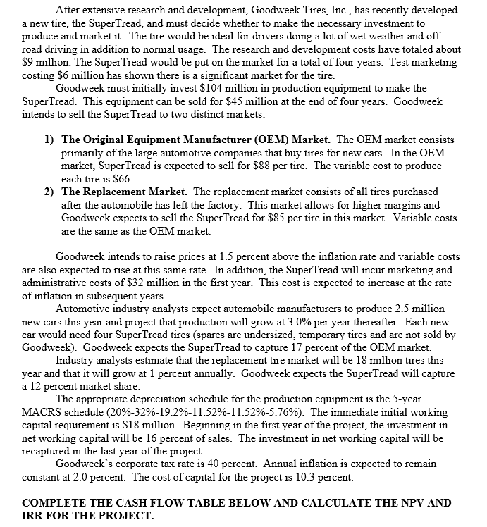  After extensive research and development, Goodweek Tires, Inc., has recently developed