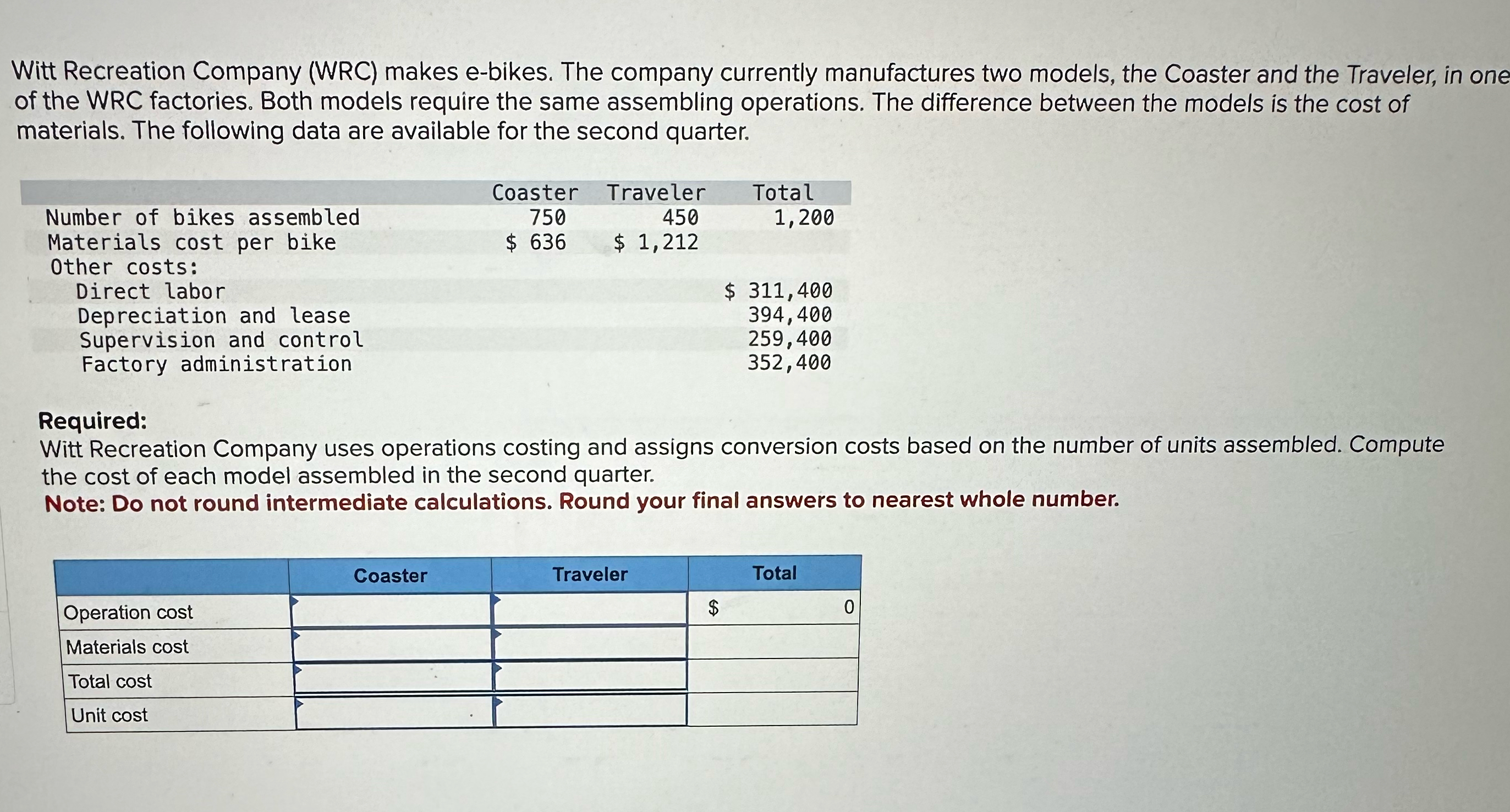  Witt Recreation Company (WRC) makes e-bikes. The company currently manufactures two