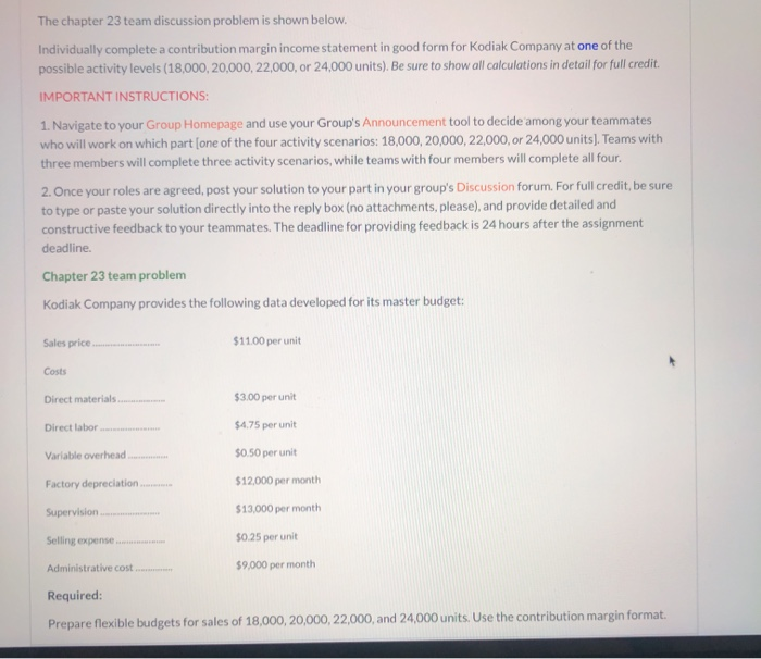 complete the a contribution marging statement for 24,000 The chapter 23 team