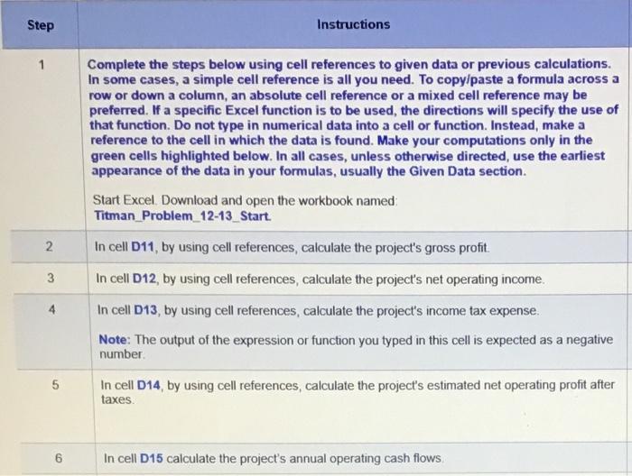  Step Instructions 1 Complete the steps below using cell references to