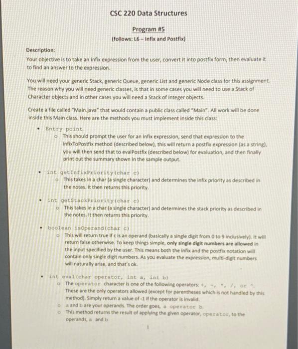  CSC 220 Data Structures Program 45 (follows: L6 - infix and