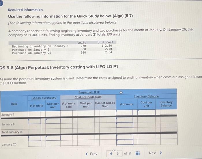 Required information Use the following information for the Quick Study below.