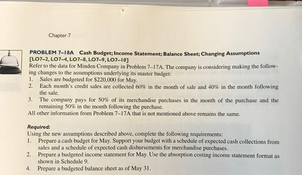  Chapter 7 PROBLEM 7-18A Cash Budget; Income Statement; Balance Sheet; Changing