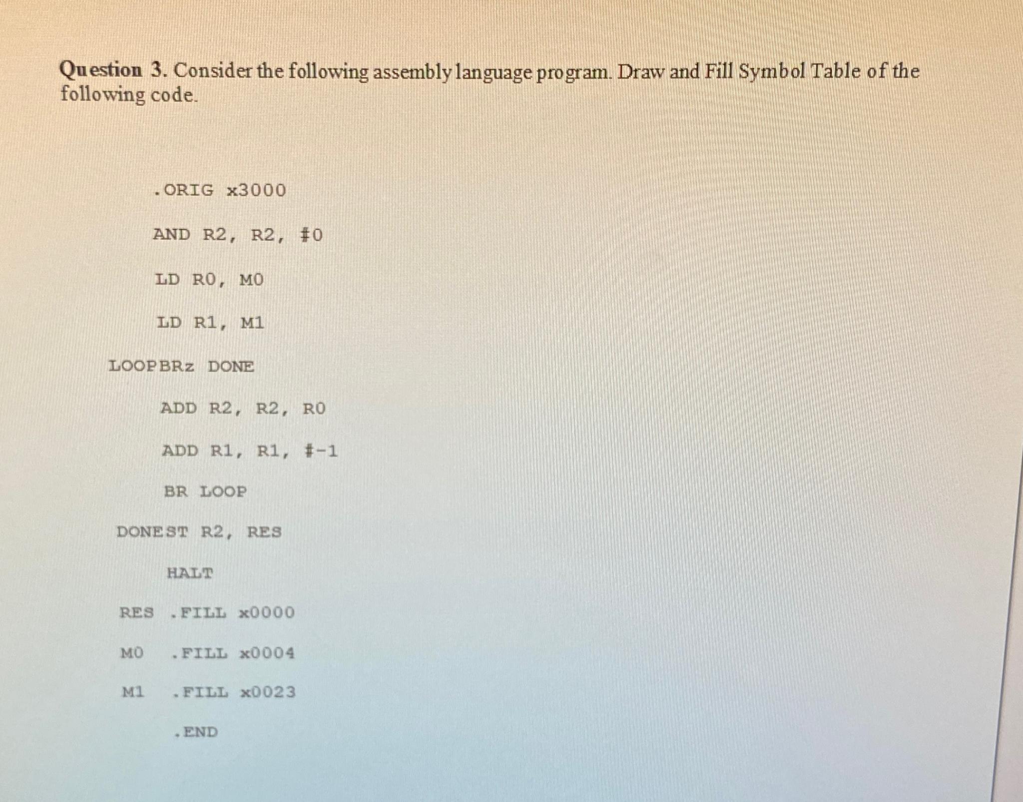  Question 3. Consider the following assembly language program. Draw and Fill