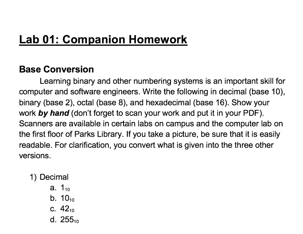 Lab 01: Companion Homework Base Conversion Learning binary and other numbering