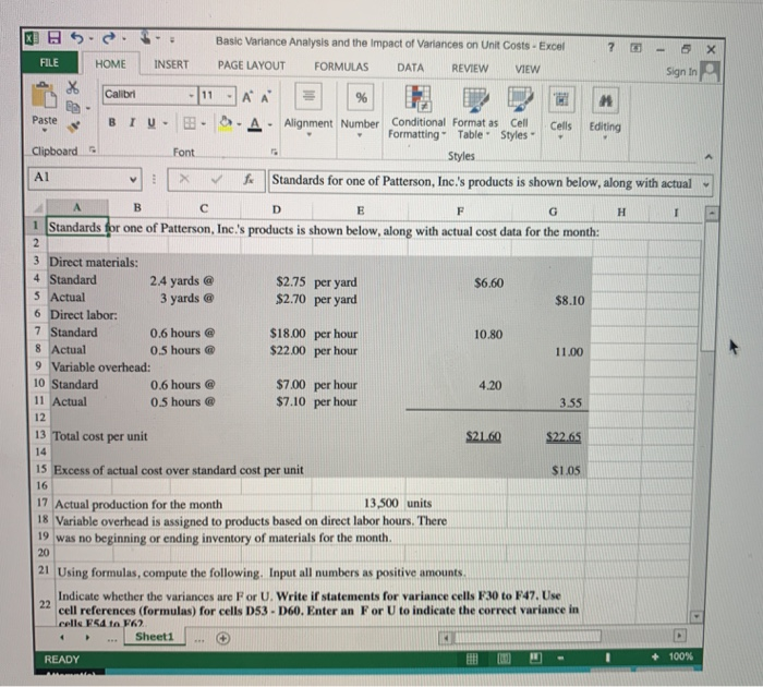  Basic Variance Analysis and the impact of Variances on Unit Costs
