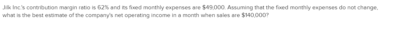 Jilk Inc.'s contribution margin ratio is 62% and its fixed monthly