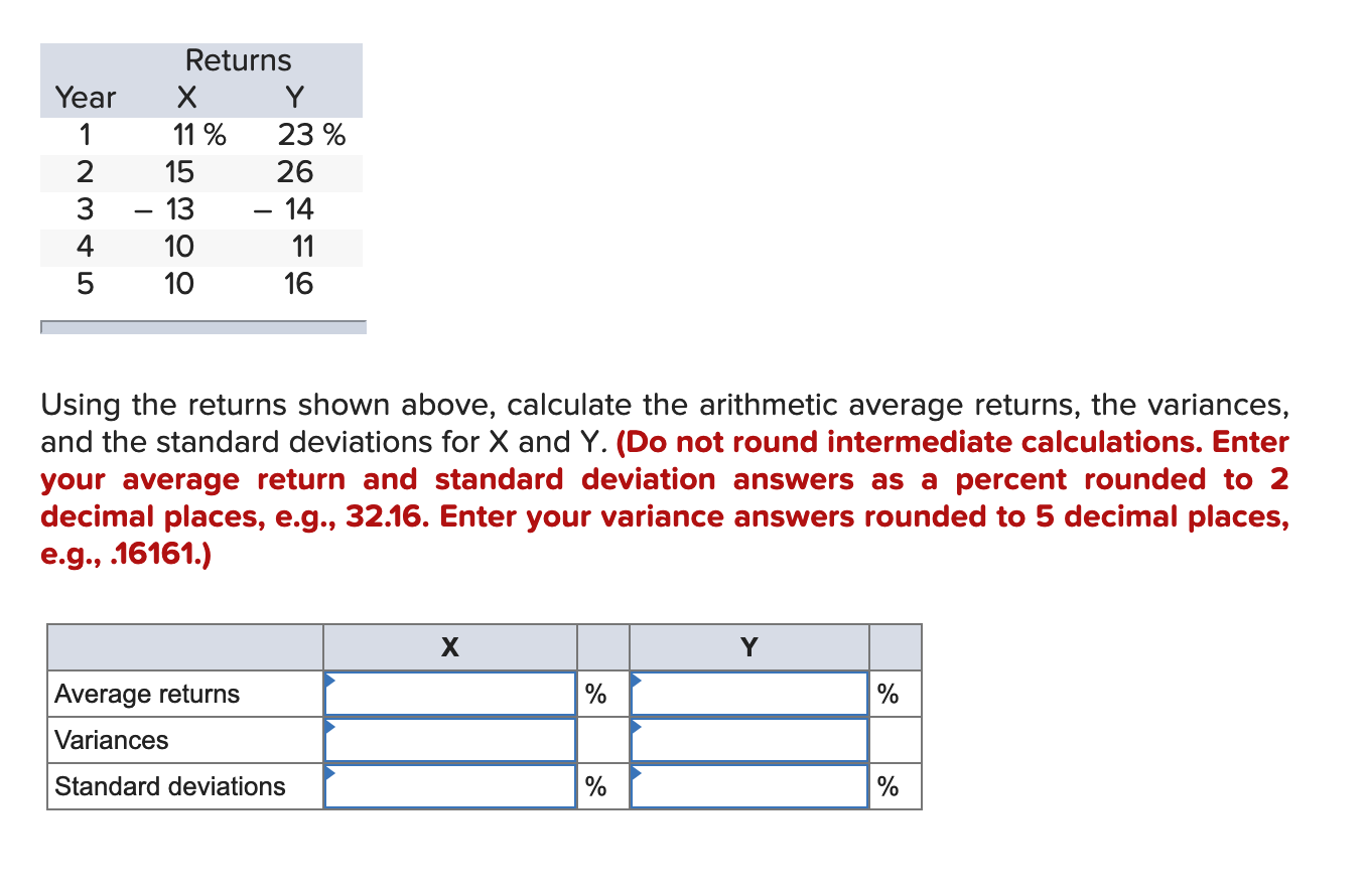  Returns Year X Y 23 % 1 11 % 2 15