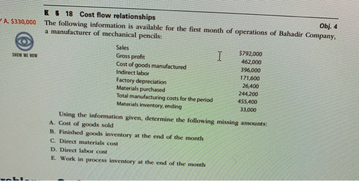  A. $330,000 SHOW WIN K 5 18 Cost flow relationships Obj.