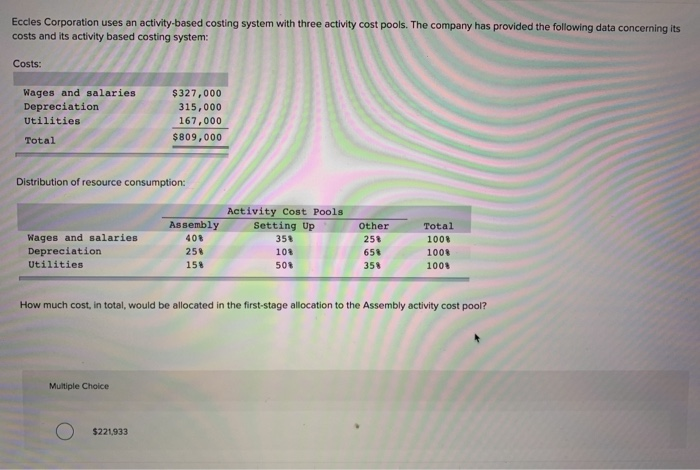  Eccles Corporation uses an activity-based costing system with three activity cost