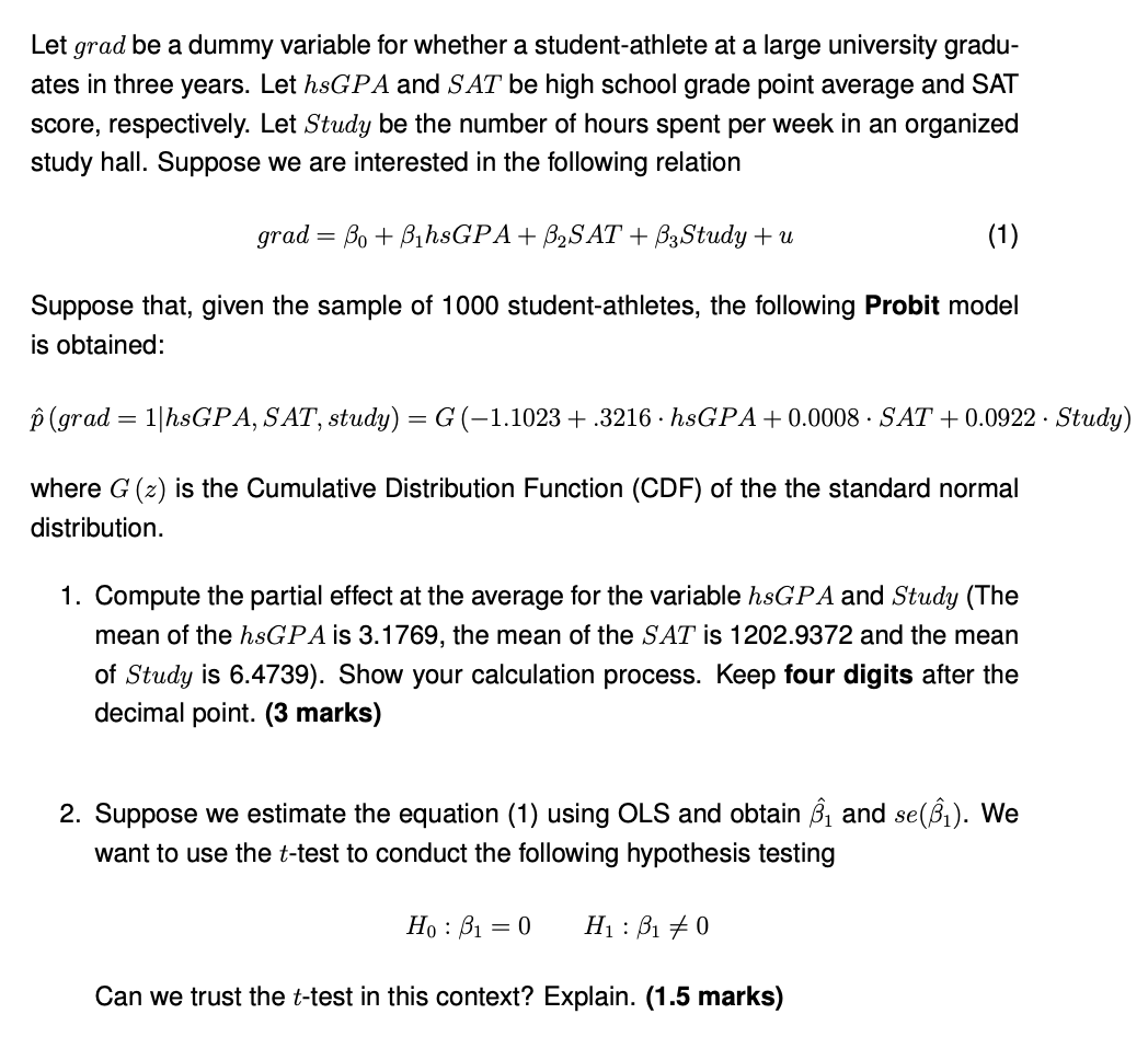  Let grad be a dummy variable for whether a student-athlete at