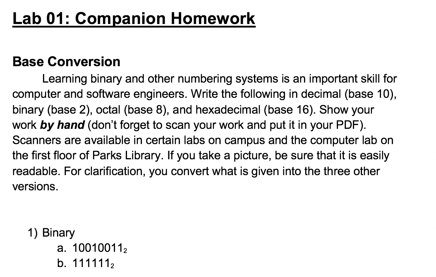 Lab 01: Companion Homework Base Conversion Learning binary and other numbering