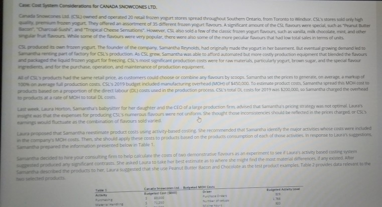 Case Cost System Considerations for CANADA SNOWCONES LTD. Canada Snowcones owned