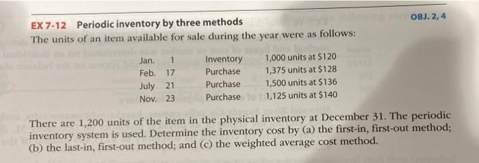  OBJ. 2,4 EX 7-12 Periodic inventory by three methods The units