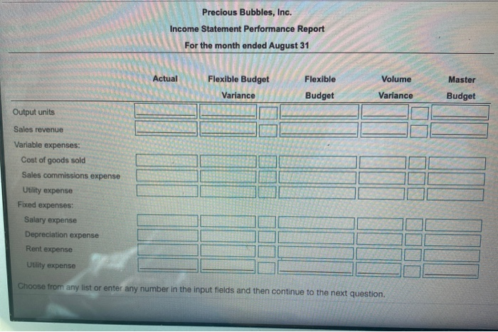  Precious Bubbles, Inc. Income Statement Performance Report For the month ended