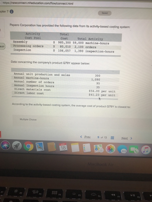  nect.html pter 7 Paparo Corporation has provided the following data from