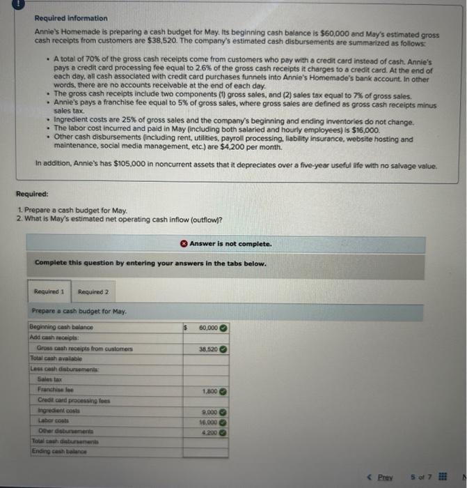 1 & 2 pls Required information Annie's Homemade is preparing a cash