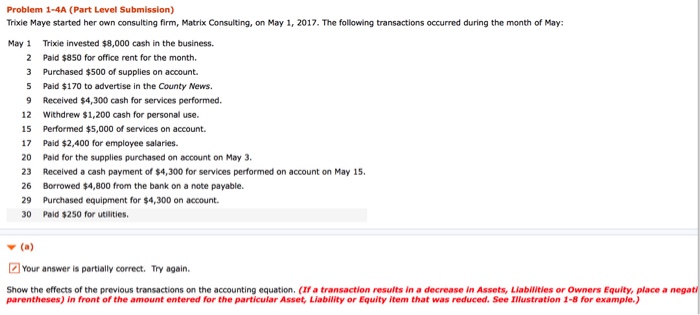  Problem 1-4A (Part Level Submission) Trixie Maye started her own consulting