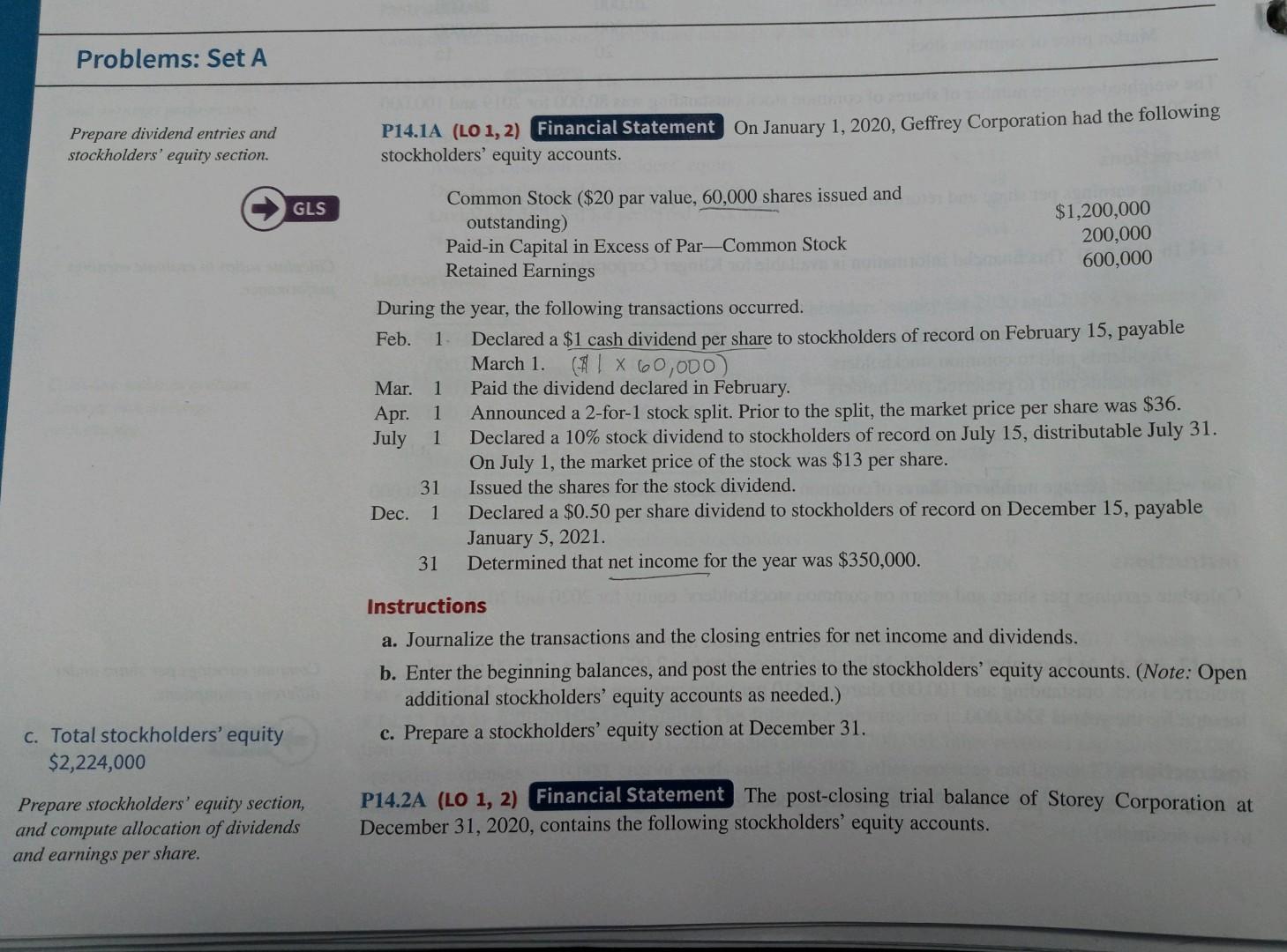  please help with problem 14.1A Problems: Set A Prepare dividend entries