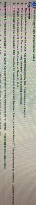 month of operations, March 2017, Simmons Windows Inc. completed the following transactions