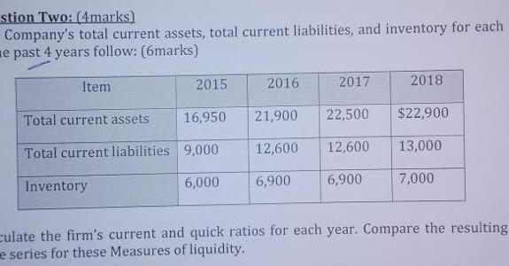 stion Two: (4marks) Company's total current assets, total current liabilities, and