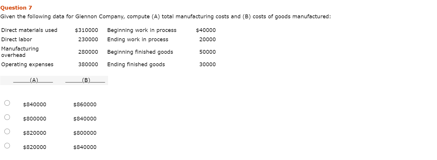 Question 7 Given the following data for Glennon Company, compute (A)