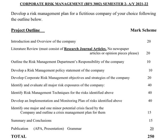 corporate risk management. Can someone develop a company and answer these questions