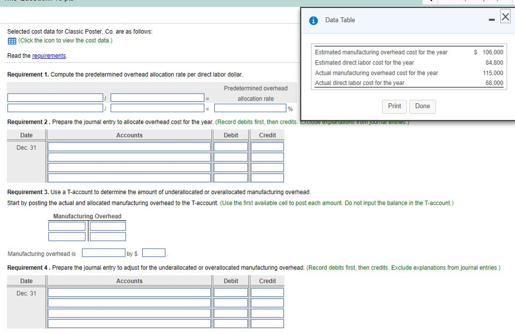 Data Table Selected cost data for Classic Poster, Co. are as