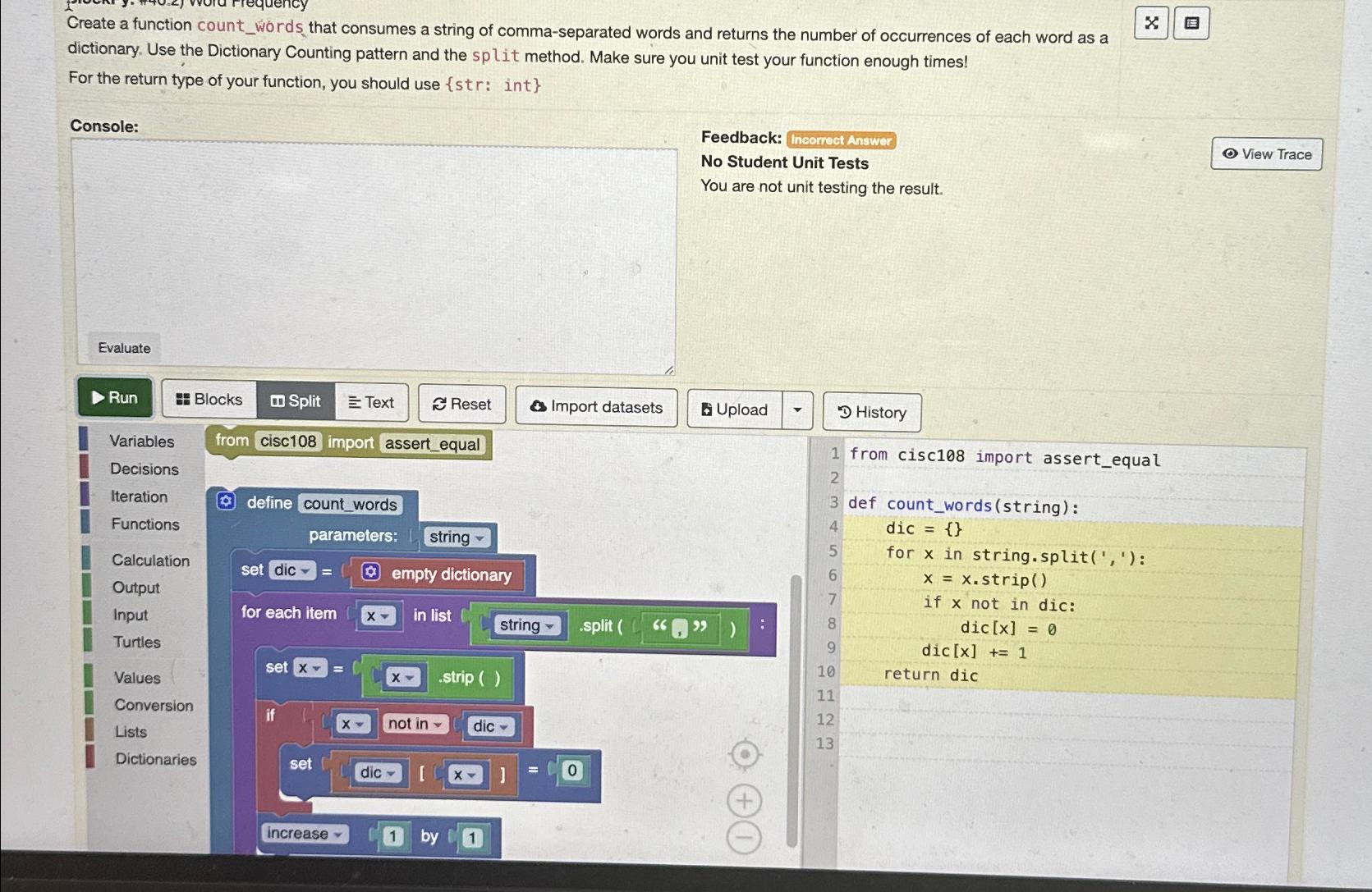  Create a function count_words that consumes a string of comma-separated words