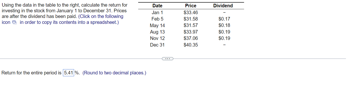 5.41 was incorrect Using the data in the table to the right,