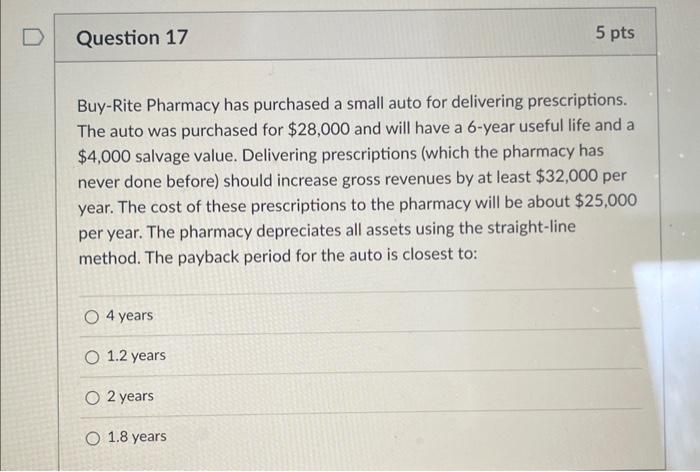 17) final Buy-Rite Pharmacy has purchased a small auto for delivering prescriptions.